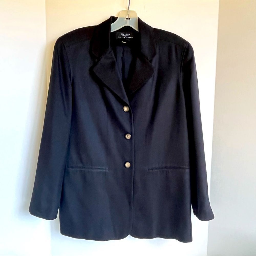 Via Seta Black Silk Blazer‎ Herringbone Pattern Women's Size 2P